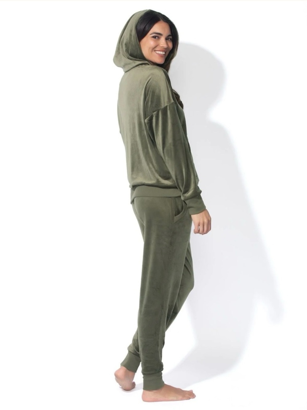 Felina Velour Hoodie & Jogger Set Olive Green Women S Jogging Suit Sleepwear NWT - Picture 4 of 7